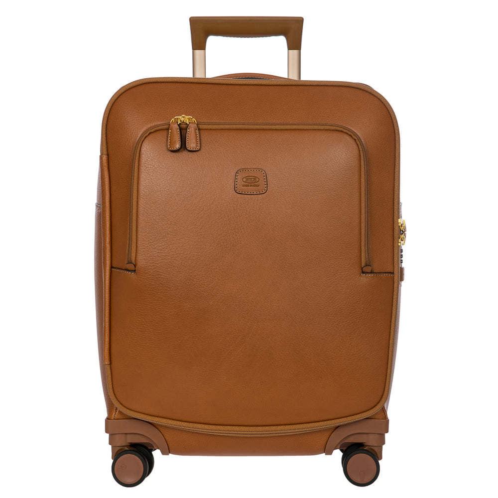 Tan Bric's Cabin Spinner Suitcase with four wheels and sleek design, perfect for travel and easy maneuverability.
