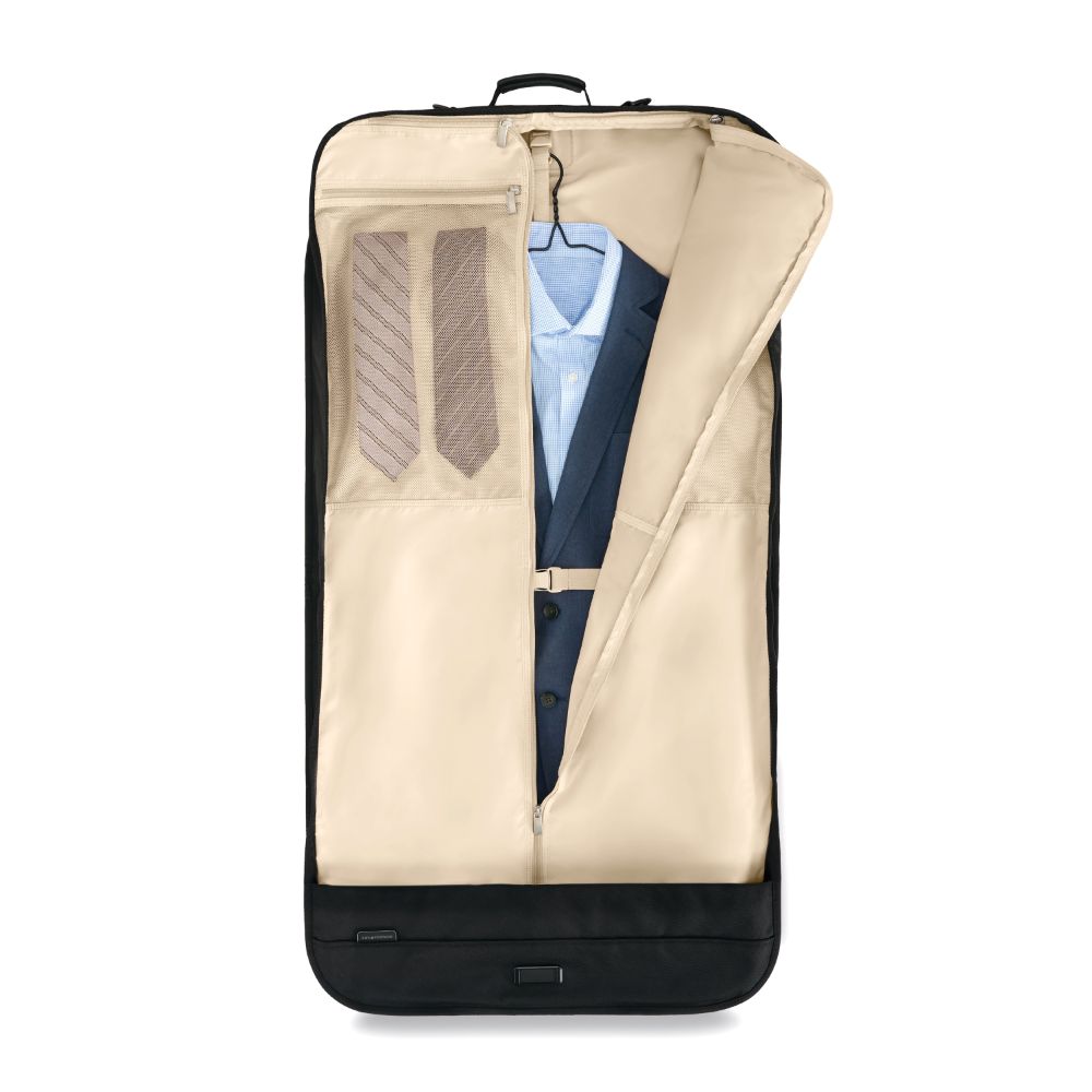 Classic black garment bag from Briggs & Riley, showcasing a sleek design and ample storage for clothing.
