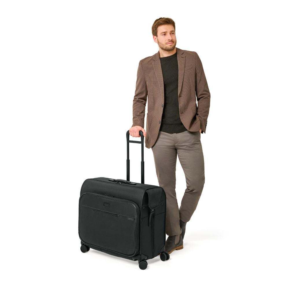 Briggs & Riley Deluxe Wardrobe Spinner Suitcase in black, showcasing spacious interior and smooth-rolling wheels.