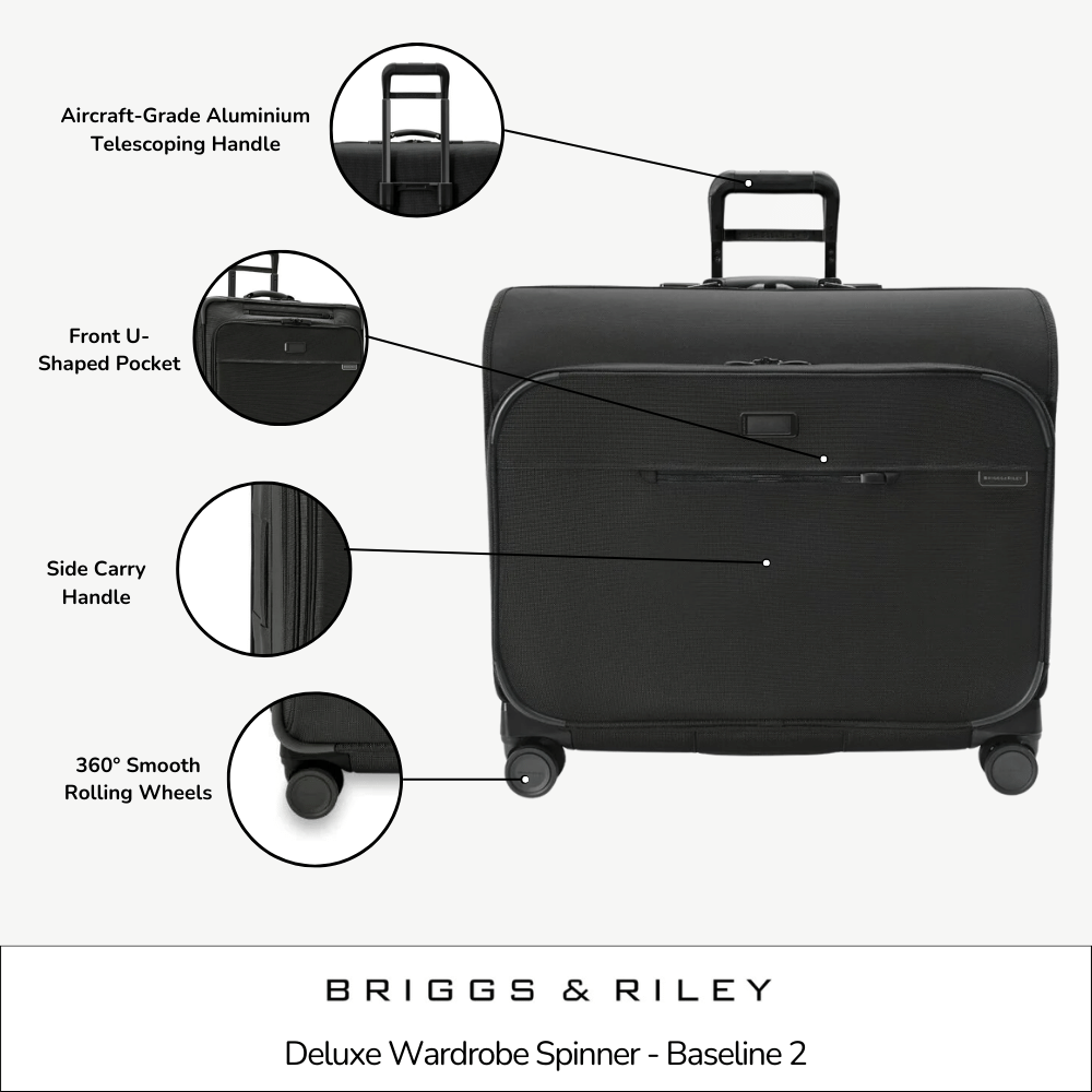 Briggs & Riley Deluxe Wardrobe Spinner Suitcase - Baseline 2, featuring a sleek design with multiple compartments and wheels.