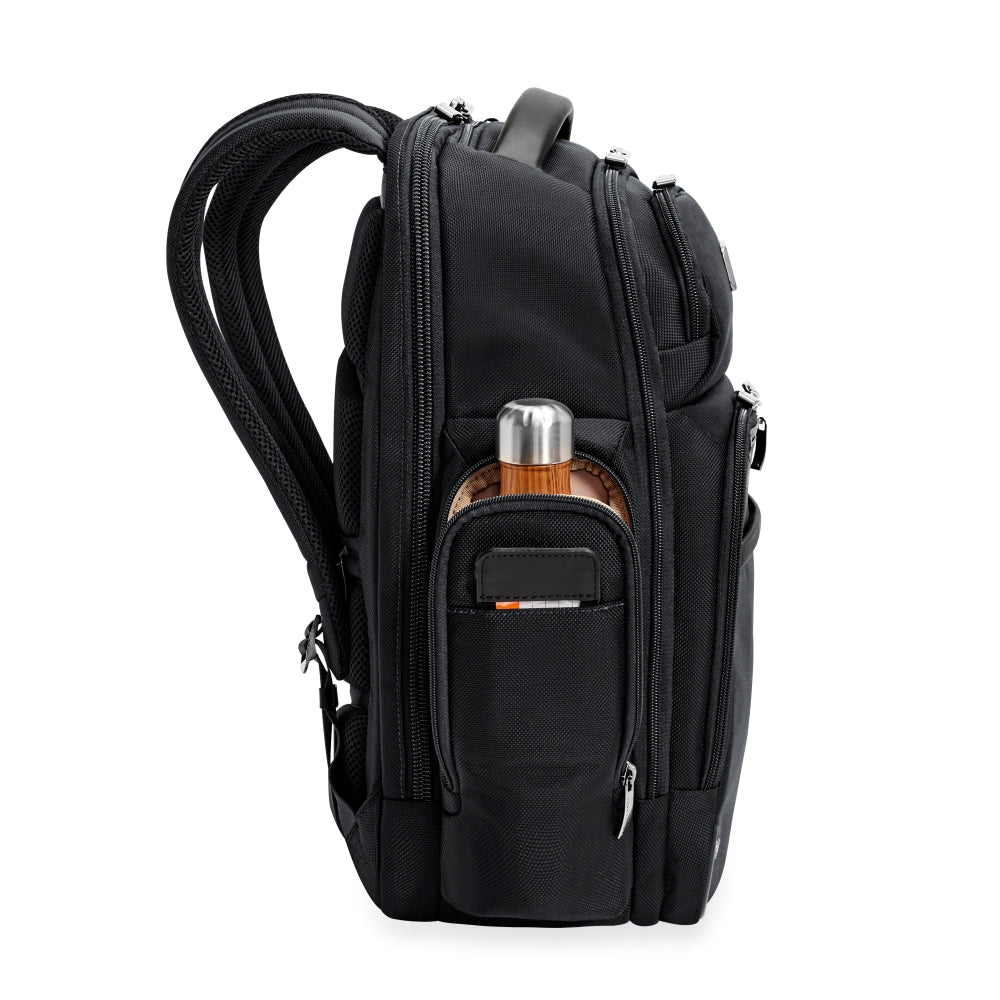 Black medium cargo backpack by Briggs & Riley Luggage, featuring multiple compartments and a sleek design for work.
