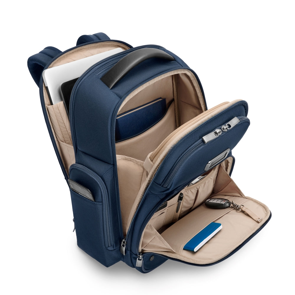 Navy medium cargo backpack by Briggs & Riley, featuring multiple compartments for work and everyday use.