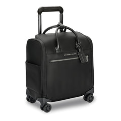 Black wheeled cabin suitcase by Briggs & Riley, featuring a sleek design and durable material for travel convenience.
