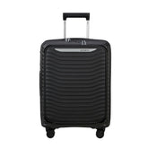 Black 55cm Samsonite Upscape cabin suitcase with front pocket, showcasing sturdy wheels and telescopic handle.