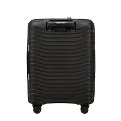 Samsonite Upscape 55cm black cabin suitcase with front pocket, showcasing durable design and smooth wheels.