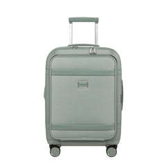 Samsonite 55cm carry-on suitcase in thyme green with front pocket, showcasing durable design and compact cabin luggage style.