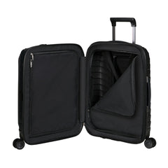 Samsonite Proxis 55cm black carry-on suitcase with easy access, featuring a sleek design and durable exterior.