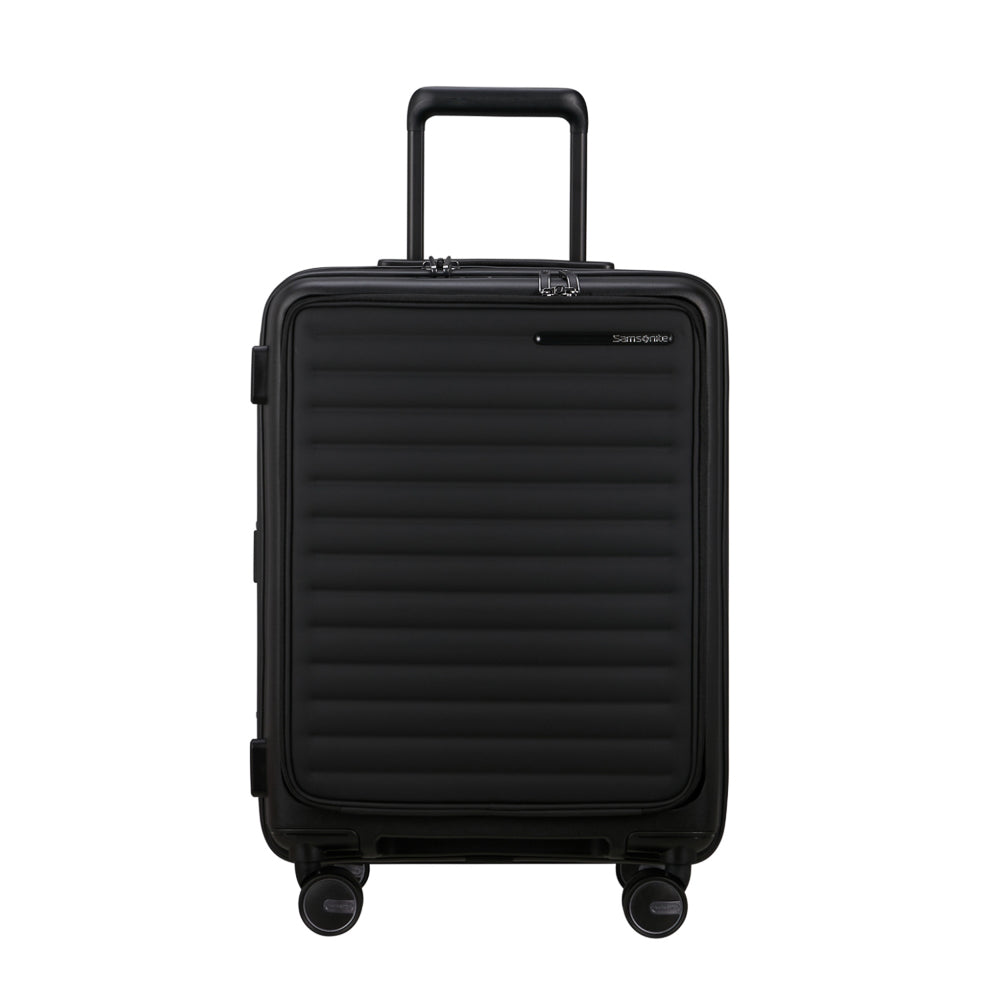Black 55cm Easy Access Cabin Suitcase by Samsonite Luggage featuring a sleek design and durable exterior.