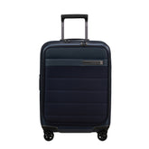 Midnight blue 55cm expandable Samsonite cabin luggage suitcase with easy access spinner wheels.