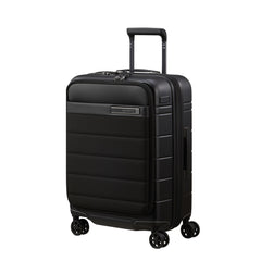 Black 55cm expandable spinner suitcase from Samsonite, featuring easy access design and smooth-rolling wheels.