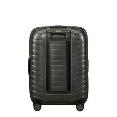 Samsonite Proxis 55cm expandable cabin spinner suitcase in climbing ivy color with smooth-rolling wheels and sturdy handle.