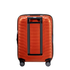 55cm expandable cabin spinner suitcase in flame color by Samsonite, showcasing wheels and ergonomic handle design.