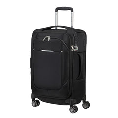 Samsonite Re-Lite 55cm expandable black carry-on suitcase with wheels and top handle, shown from the front.