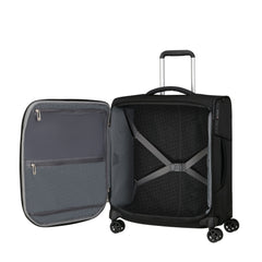 Black 56cm Samsonite Respark Cabin Spinner Suitcase with smooth wheels and sturdy handle on a white background.