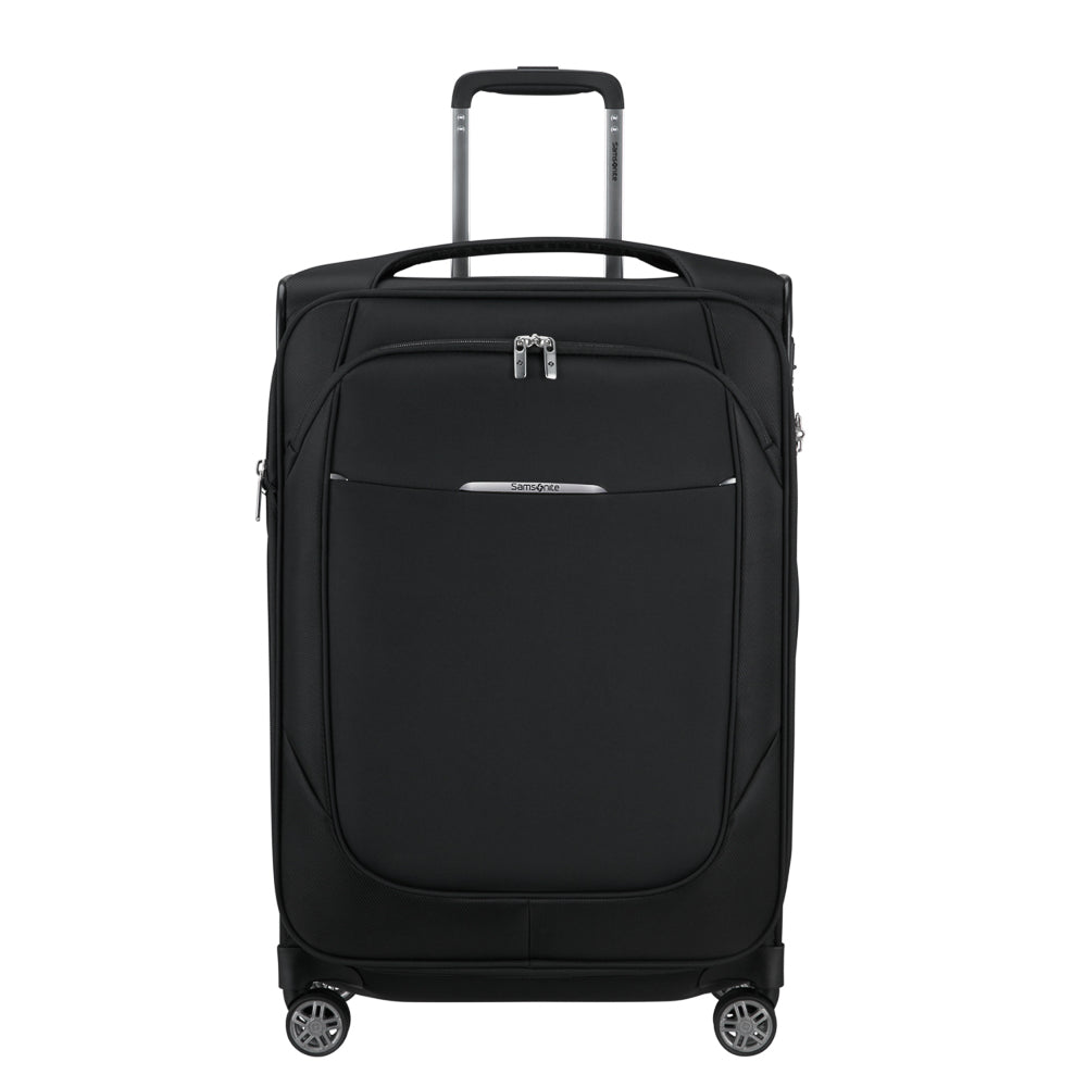Samsonite Re-Lite 67cm expandable spinner suitcase in black, featuring four wheels and a sturdy handle for easy transport.