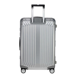 Samsonite Lite-Box Aluminium 69cm spinner suitcase in silver with four wheels and a sleek design.