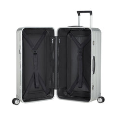 Samsonite Litebox 74cm trunk suitcase in aluminum design, showcasing its durable exterior and spacious interior.