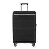 Samsonite 75cm expandable black spinner suitcase with smooth wheels and sturdy handle for travel convenience.