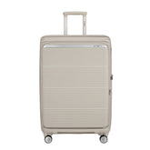 Samsonite Paralux 75cm expandable spinner suitcase in white, showcasing wheels and spacious interior for travel convenience.
