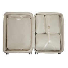 White 75cm expandable spinner suitcase by Samsonite, showcasing sleek design and durable wheels for easy travel.