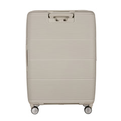 White 75cm expandable spinner suitcase by Samsonite, featuring smooth wheels and spacious interior for check-in luggage.