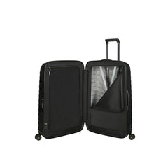 Black 75cm Samsonite Proxis spinner suitcase with smooth wheels and sturdy handle, ideal for check-in luggage.