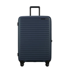 75cm Restackd Spinner Suitcase by Samsonite in midnight blue, featuring wheels and a sleek design for travel convenience.
