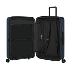 Samsonite Restackd 75cm spinner suitcase in midnight blue, featuring four wheels and a spacious interior for travel.