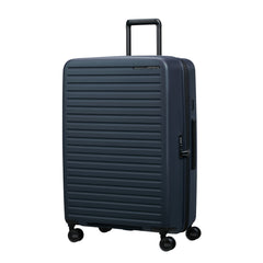 75cm Samsonite Restackd spinner suitcase in midnight blue, showcasing durable exterior and smooth-rolling wheels.