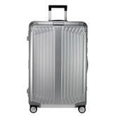 Samsonite Lite-Box 76cm spinner suitcase in aluminum finish, showcasing a sleek design and durable exterior.