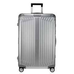Samsonite Lite-Box 76cm spinner suitcase in aluminum finish, showcasing a sleek design and durable exterior.