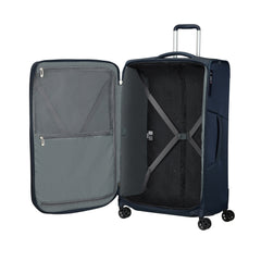 Midnight blue 79cm Respark spinner suitcase by Samsonite, featuring 360-degree wheels and a sleek design.