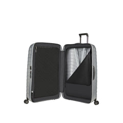 Silver Samsonite Proxis 81cm spinner suitcase with smooth wheels and durable exterior, perfect for check-in luggage.