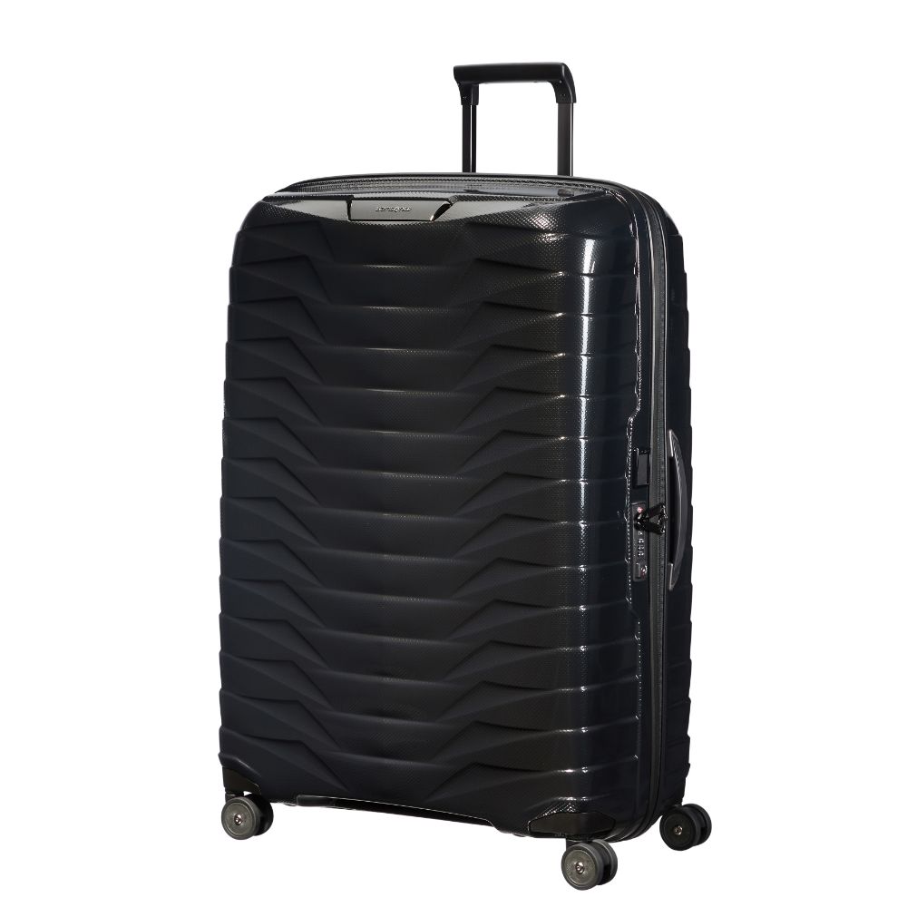 Black 81cm Samsonite Proxis spinner suitcase with four wheels and a sleek design, ideal for check-in luggage.