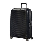 Black 81cm Samsonite Proxis spinner suitcase with four wheels and a sleek design, ideal for check-in luggage.