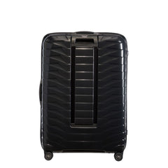 Black 81cm Samsonite Proxis spinner suitcase with four wheels and a sleek design, ideal for check-in luggage.