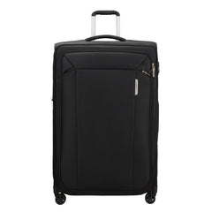 82cm Samsonite Respark spinner suitcase in sleek black, showcasing four wheels and spacious interior for check-in travel.