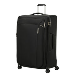 Black 82cm spinner suitcase by Samsonite, featuring four wheels and a durable design for check-in luggage.