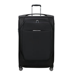 Samsonite Re-Lite 83cm expandable spinner suitcase in black, showcasing durable exterior and smooth-rolling wheels.