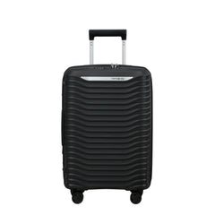 Black Slim Carry On Spinner Suitcase by Samsonite Luggage with wheels and telescopic handle for easy travel.