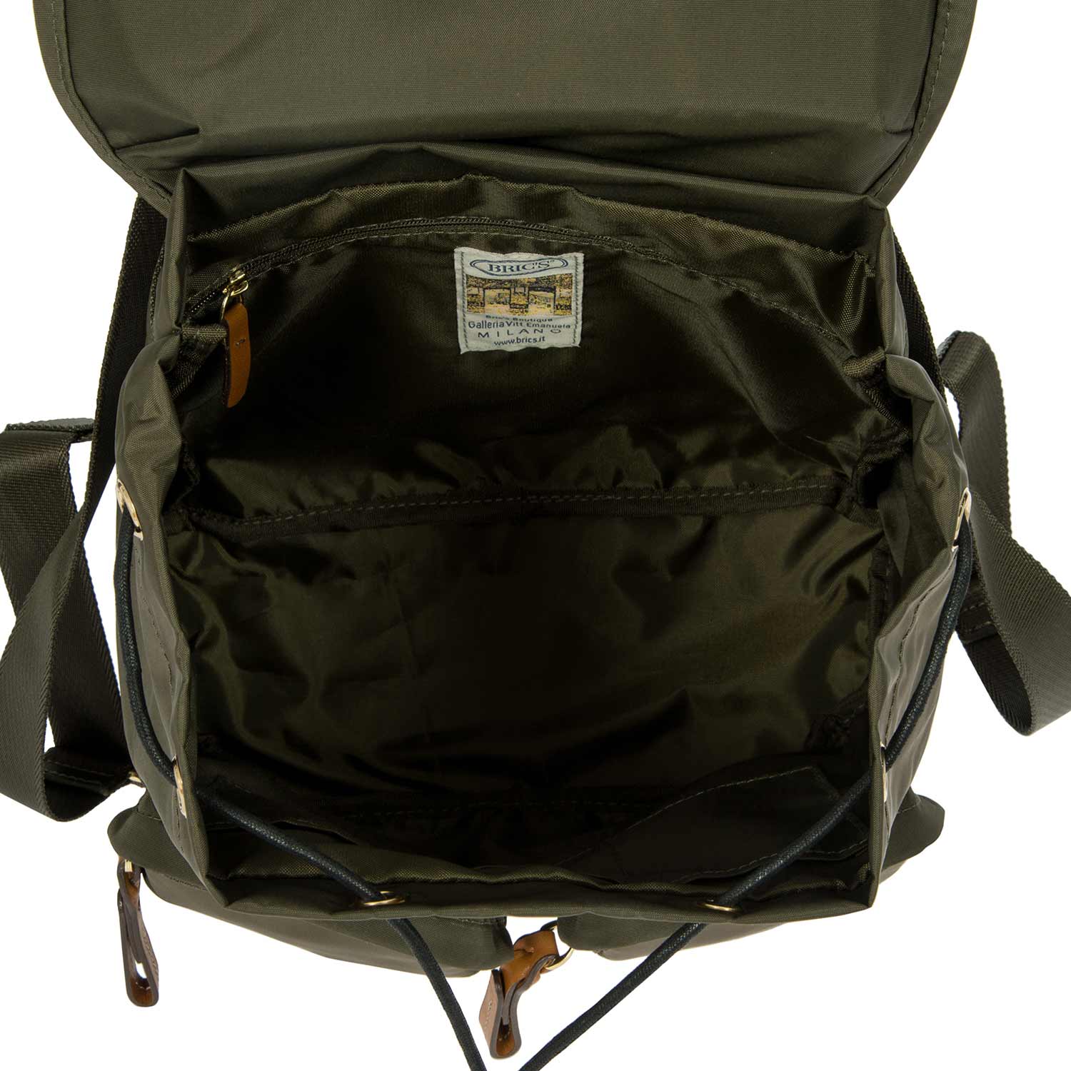 Olive green Bric's X Travel 2 pocket backpack featuring adjustable straps and durable fabric, perfect for daily use.