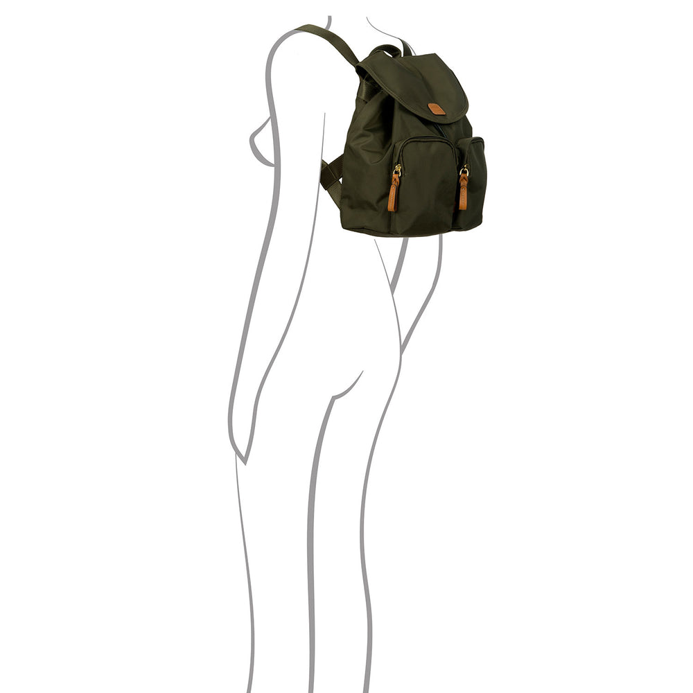 Olive green Bric's X Travel 2 Pocket Backpack featuring two spacious pockets and adjustable straps.