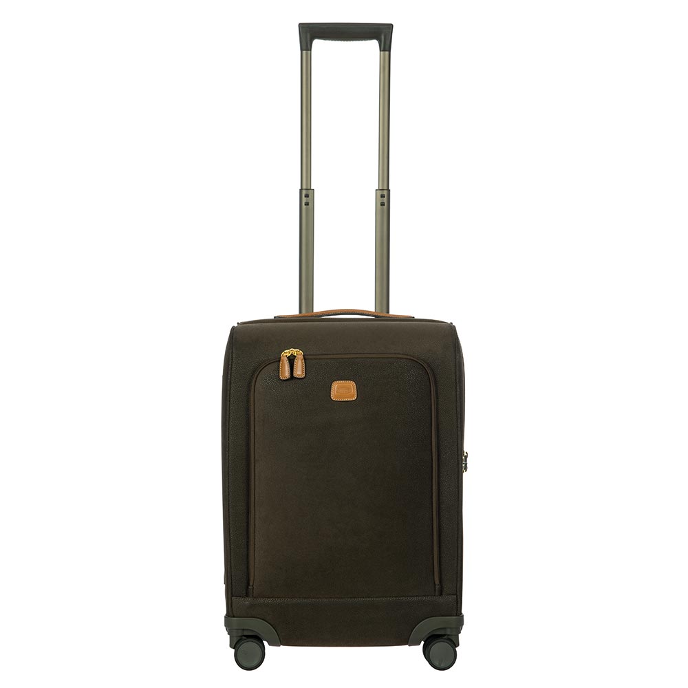 Olive green 55cm cabin spinner suitcase by Bric's, showcasing a sleek design and smooth wheels for easy mobility.