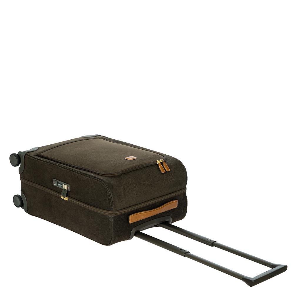 Bric's 55cm olive green cabin spinner suitcase with four wheels and a sturdy handle for easy travel.