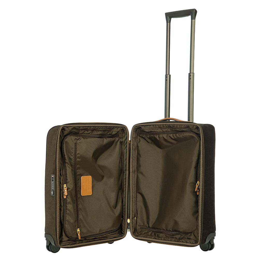 Olive green 55cm Bric's Cabin Spinner Suitcase with wheels and handle, designed for travel convenience.
