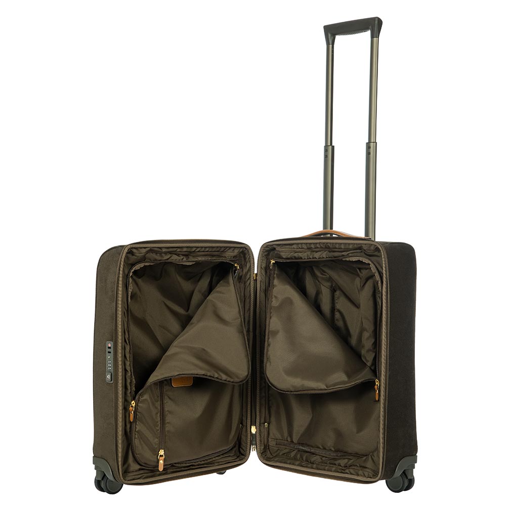 Olive green 55cm Bric's Cabin Spinner Suitcase with four wheels and a sleek design. Ideal for travel and easy maneuverability.