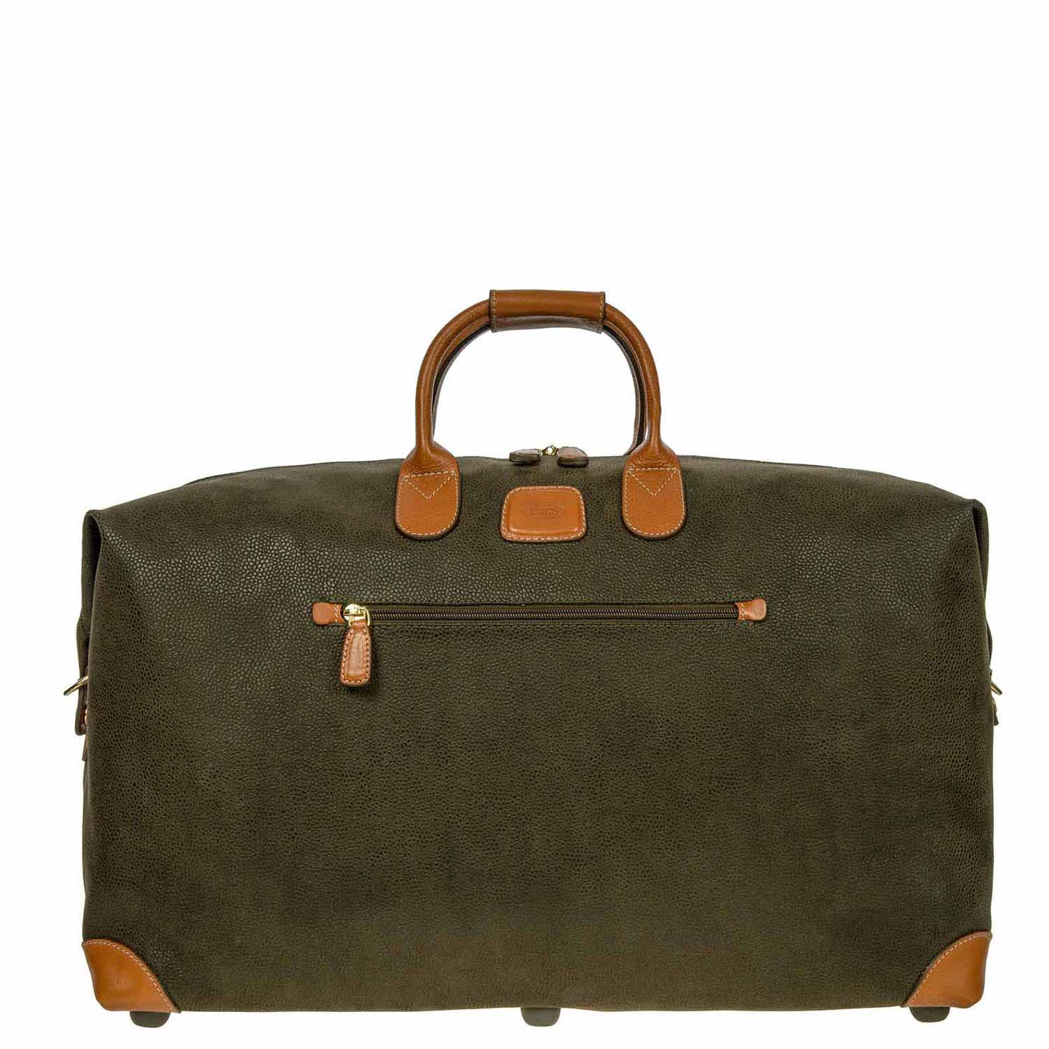 A wheeled canvas and leather weekender duffle shown from the side.