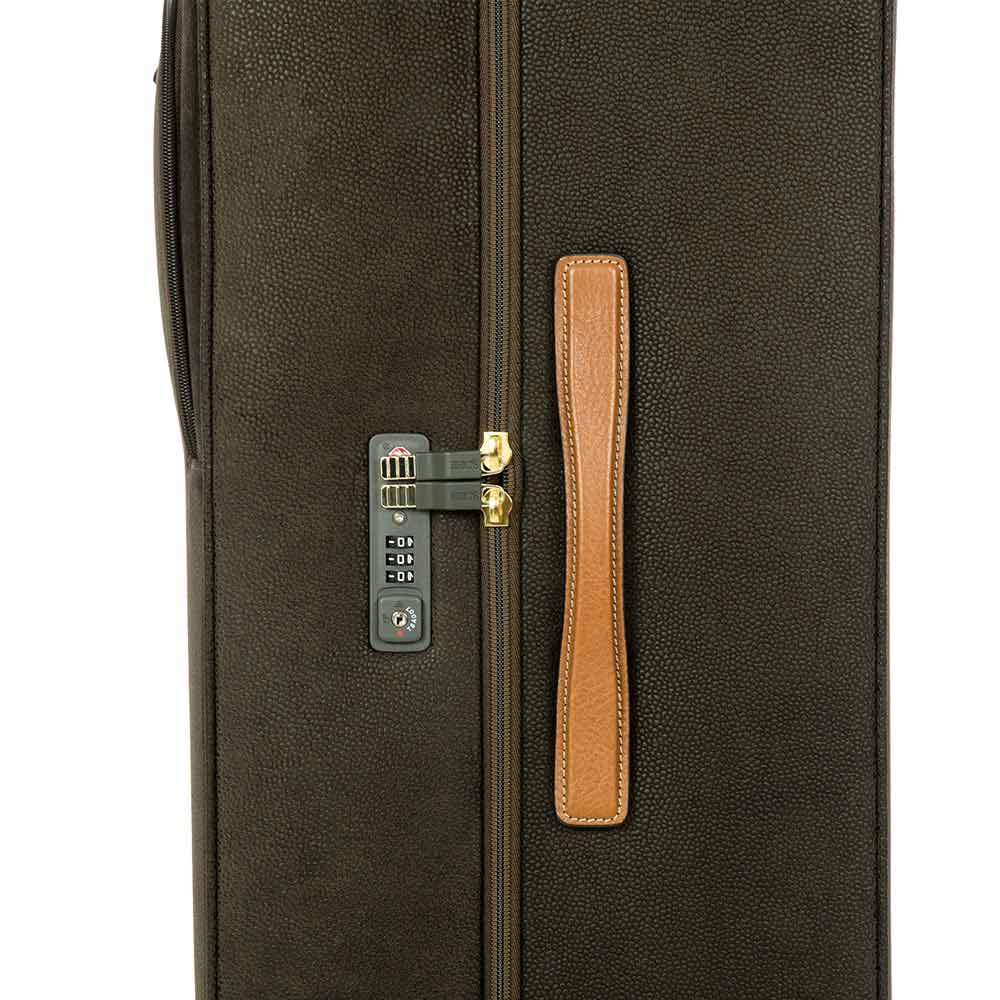 Olive green 68cm Bric's Life spinner suitcase, check-in luggage with four wheels and retractable handle, on a white background.