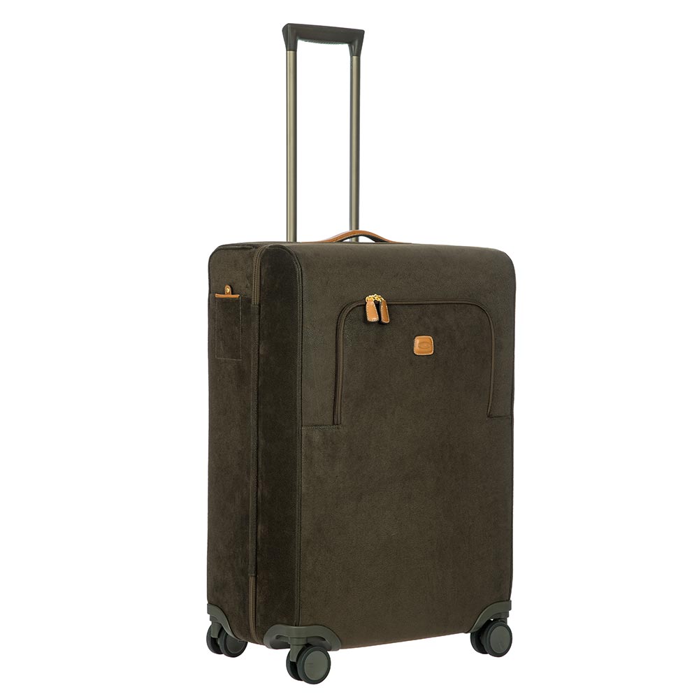 Olive green Bric's 68cm spinner check-in suitcase with four wheels and expandable design for travel.
