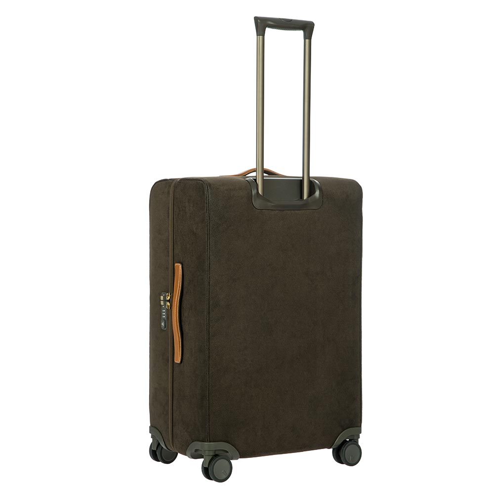 Olive green Bric's 68cm spinner check-in suitcase with four wheels and a telescopic handle for easy travel.